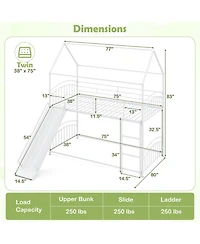 Sugift Twin-Over-Twin House Bunk Bed Frame with Metal Slats