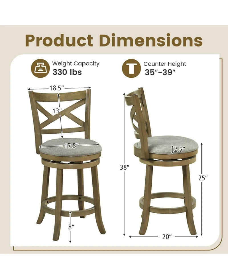 Gouun Rubber Wood Swivel Bar Stools Set of 2 with 25 Inch Linen Padded Seats