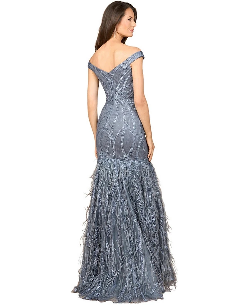 Lara Women's Off Shoulder Mermaid Beaded Gown with Feathers