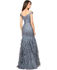 Lara Women's Off Shoulder Mermaid Beaded Gown with Feathers