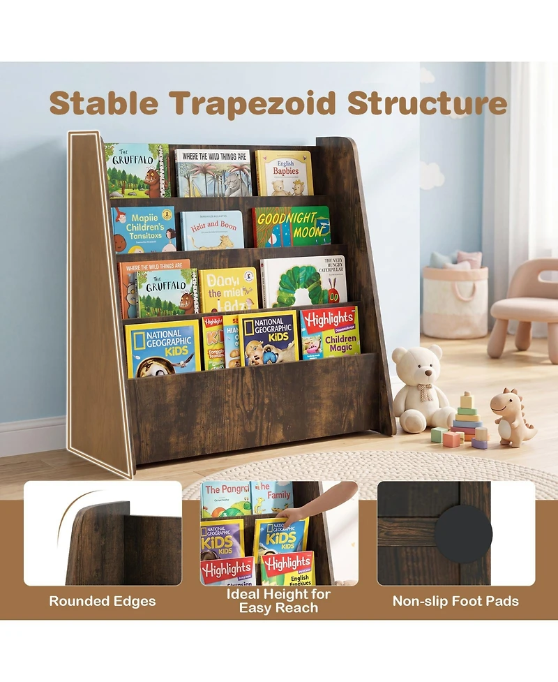 Costway 4-tier Kids Wooden Bookshelf Toddlers Book Rack with Deep Shelves