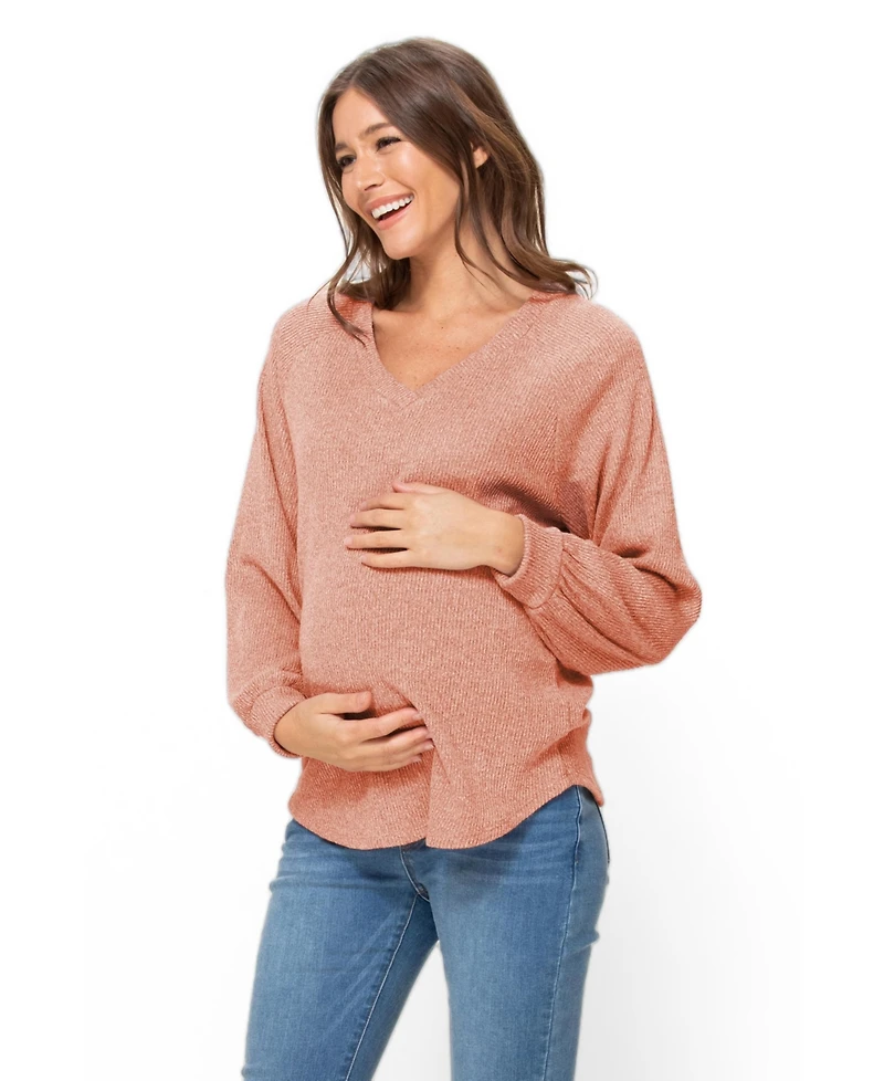 Hello Miz Maternity Lightweight Ribbed-Knit V-Neck Pullover Sweater
