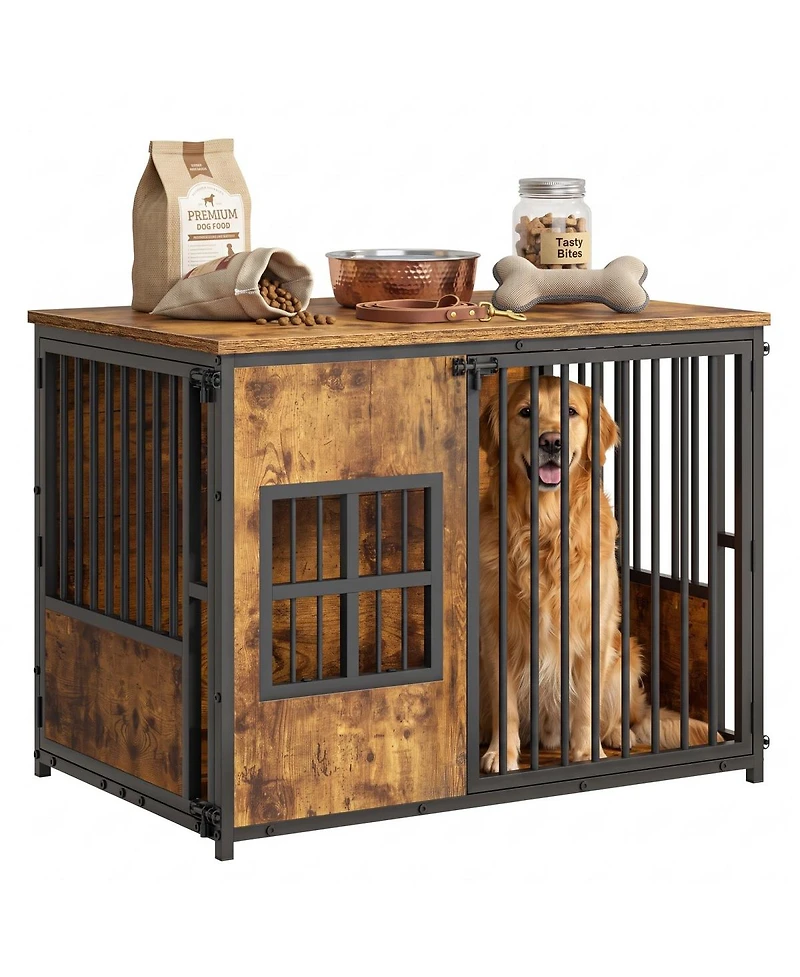 6thdruple Wooden Dog Crate Furniture, Indoor Large Pet Kennel End Table with Storage Top