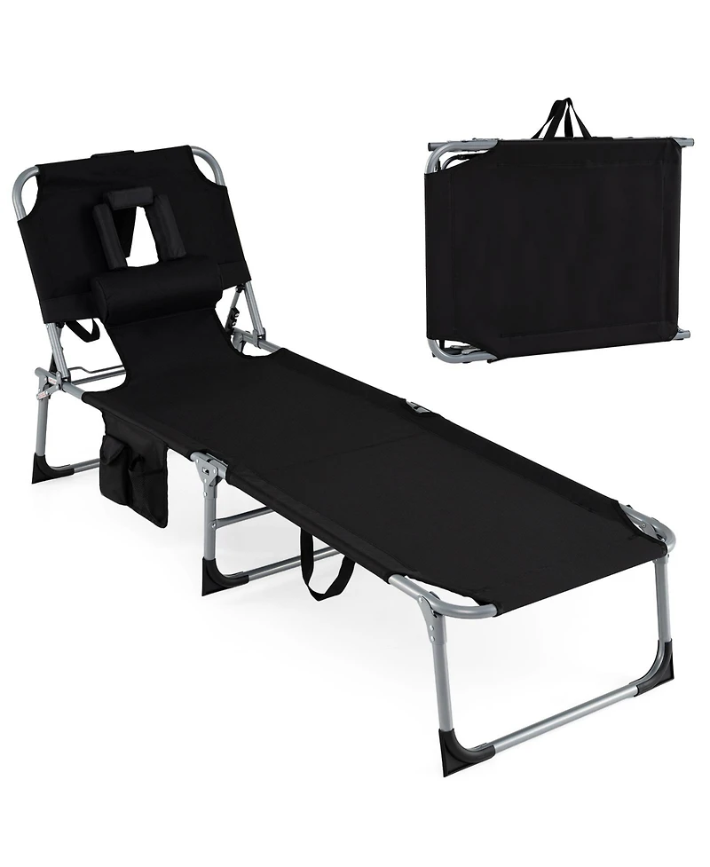 Costway Tanning Chair with 4-Position Adjustable Backrest, Face Arm Holes and Storage Pocket