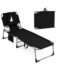 Costway Tanning Chair with 4-Position Adjustable Backrest, Face Arm Holes and Storage Pocket