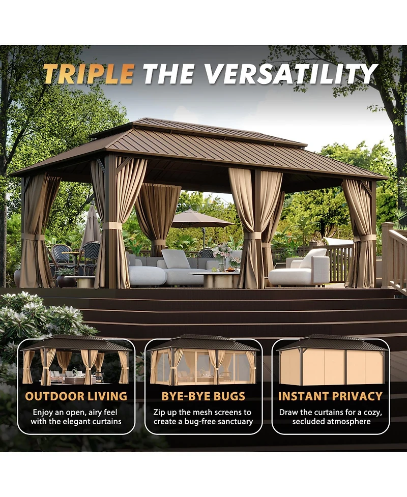 Aoxun Hardtop Gazebo with Double Galvanized Steel Roof, Metal Pavilion Netting and Privacy Curtain for Backyard