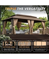 Aoxun Hardtop Gazebo with Double Galvanized Steel Roof, Metal Pavilion Netting and Privacy Curtain for Backyard