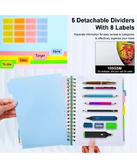 Danrong Hardcover Spiral Notebook 5 Subject College Ruled With Dividers Pen Loop