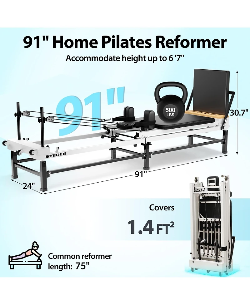 Mikolo 91" Adjustable Height Pilates Reformer – Piano Wire Springs, Jump Board, Foldable Design