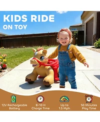 Glintex 12V Kids Electric Ride-On Horse with Sounds, Carrot Toy, Comb, Foot Pedal, Seat Storage, and Battery Power for Ages 1.5-3, Brown