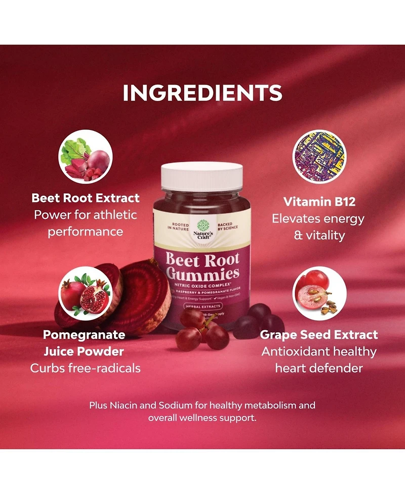 Nature's Craft Beet Root Gummies with Grapeseed, Pomegranate and Vitamin B12 | 60 Count