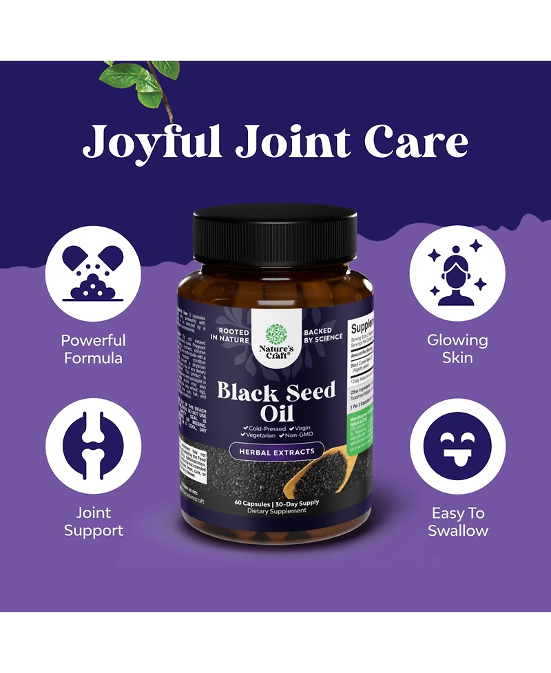 Nature's Craft Black Seed Oil Capsules Cold Pressed Nigella Sativa Black Cumin Seed Oil with Omega 3 6 and 9 and Thymoquinone 60 Count