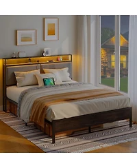 Slickblue Modern Metal Bed Frame with Storage Headboard, Led Lights