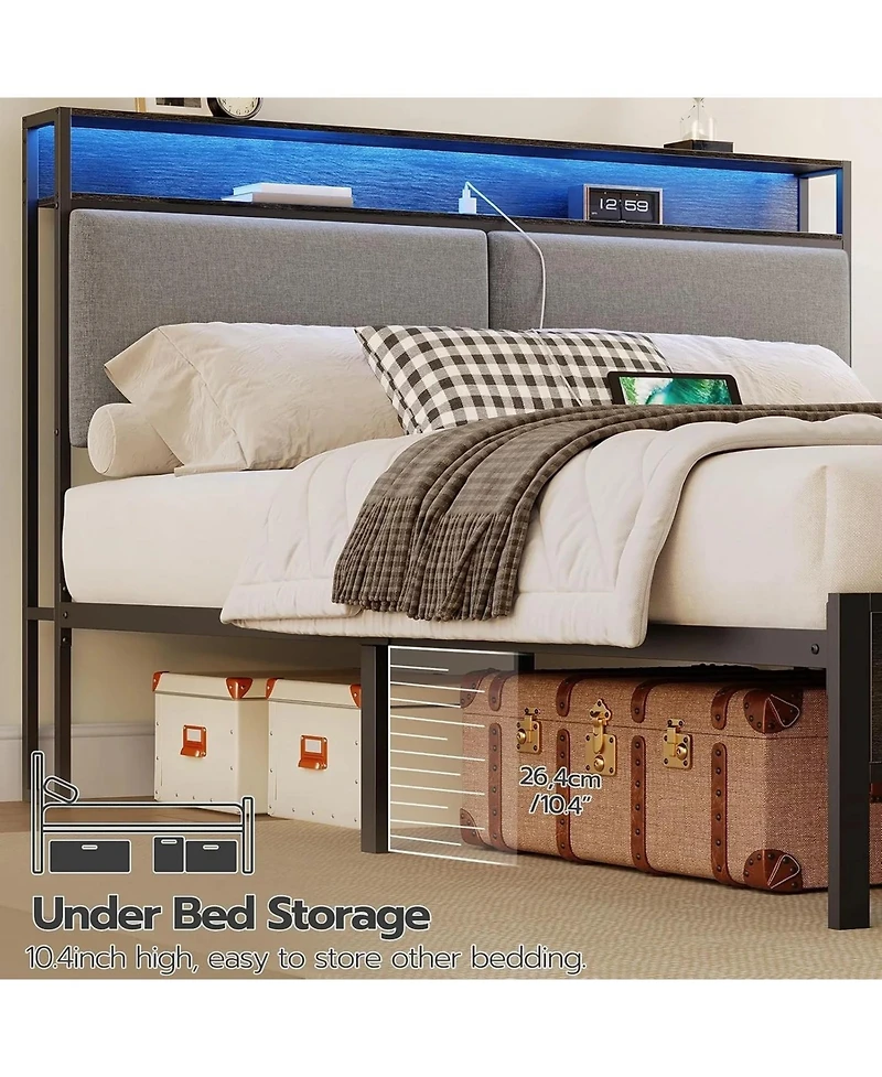 Slickblue Modern Metal Bed Frame with Storage Headboard, Led Lights