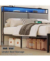 Slickblue Modern Metal Bed Frame with Storage Headboard, Led Lights