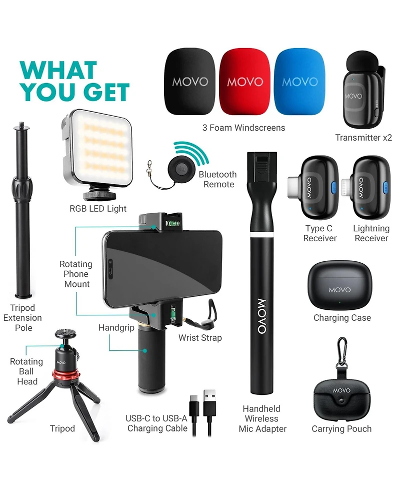 Movo iVlogger-pro Wireless Vlogging Kit for iPhone/Android with Dual Wireless Mics, Rgb Light