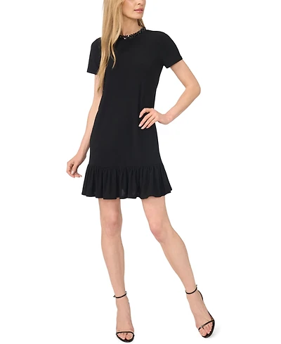 CeCe Women's Short-Sleeve Ruffle Hem Mini Dress with Sequin Neck Opening