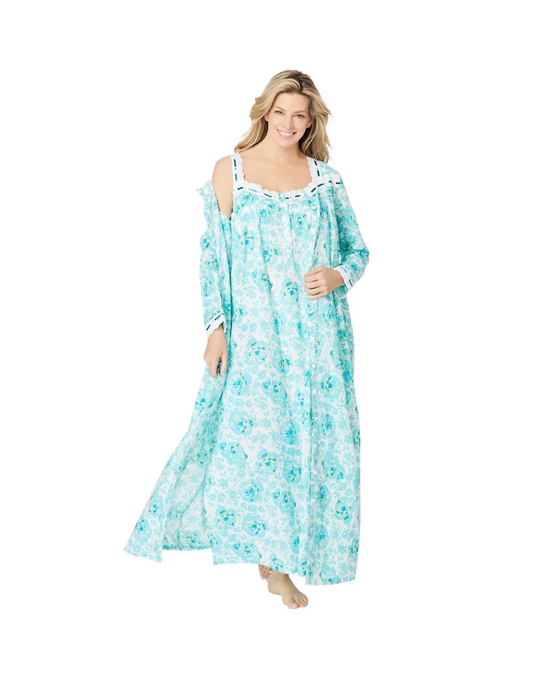 Only Neccessities Plus Size Only Necessities Long 2-Piece Cabbage-Rose Peignoir Set