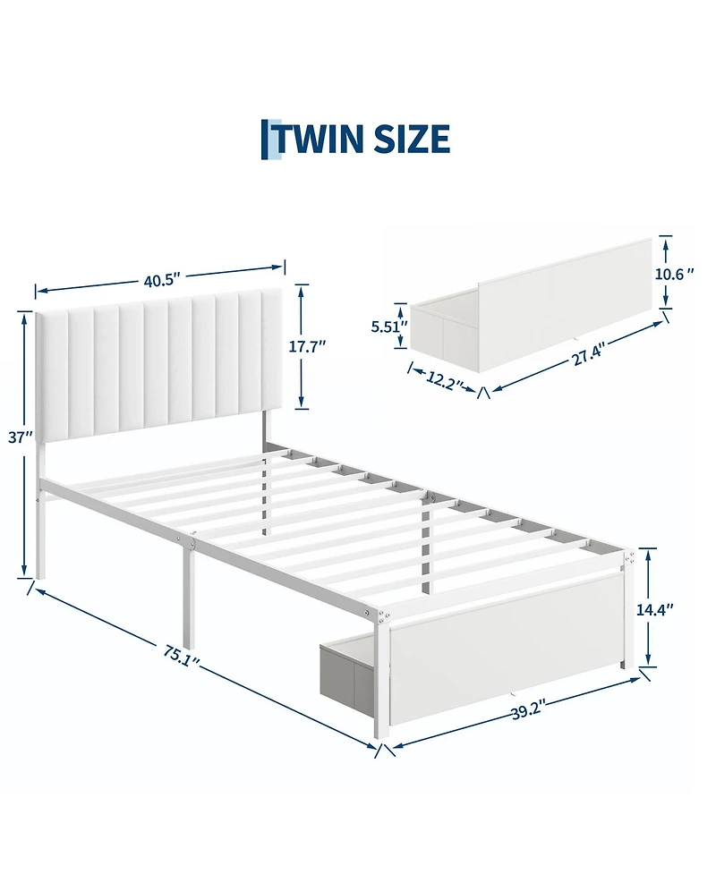 homfan Bed Frame with Upholstered Headboard, Adjustable Headboard Iron Platform Bed, No Box Spring Needed