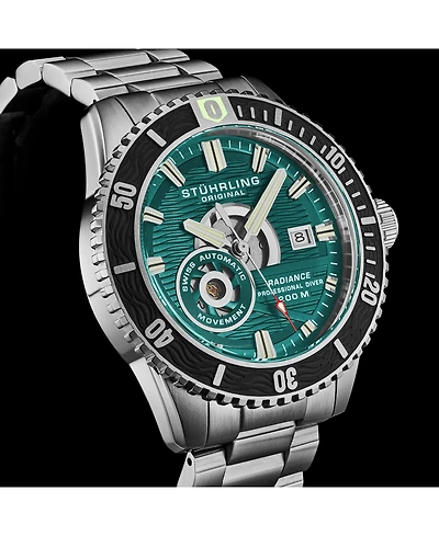 Stuhrling 1013 Men s Automatic Watch Swiss Movement Turquoise Dial Gunmetal Bezel Stainless Steel Bracelet 200M Water Resistant Diver Date Window