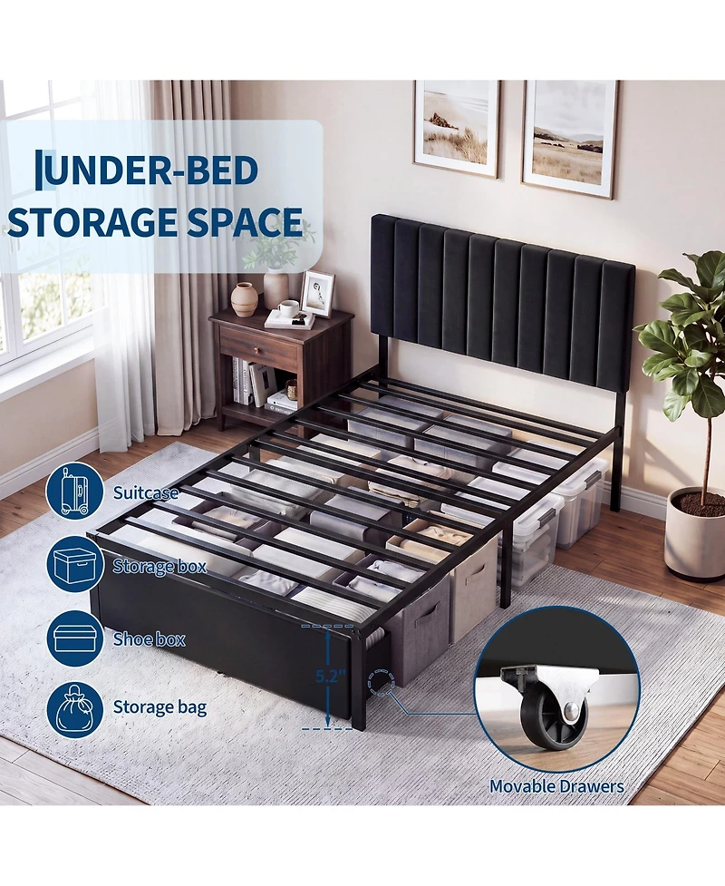 gaomon Modern Bed Frame, Heavy Duty Metal Platform with Upholstered Headboard, Under-bed Storage Drawers