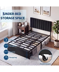 gaomon Modern Bed Frame, Heavy Duty Metal Platform with Upholstered Headboard, Under-bed Storage Drawers