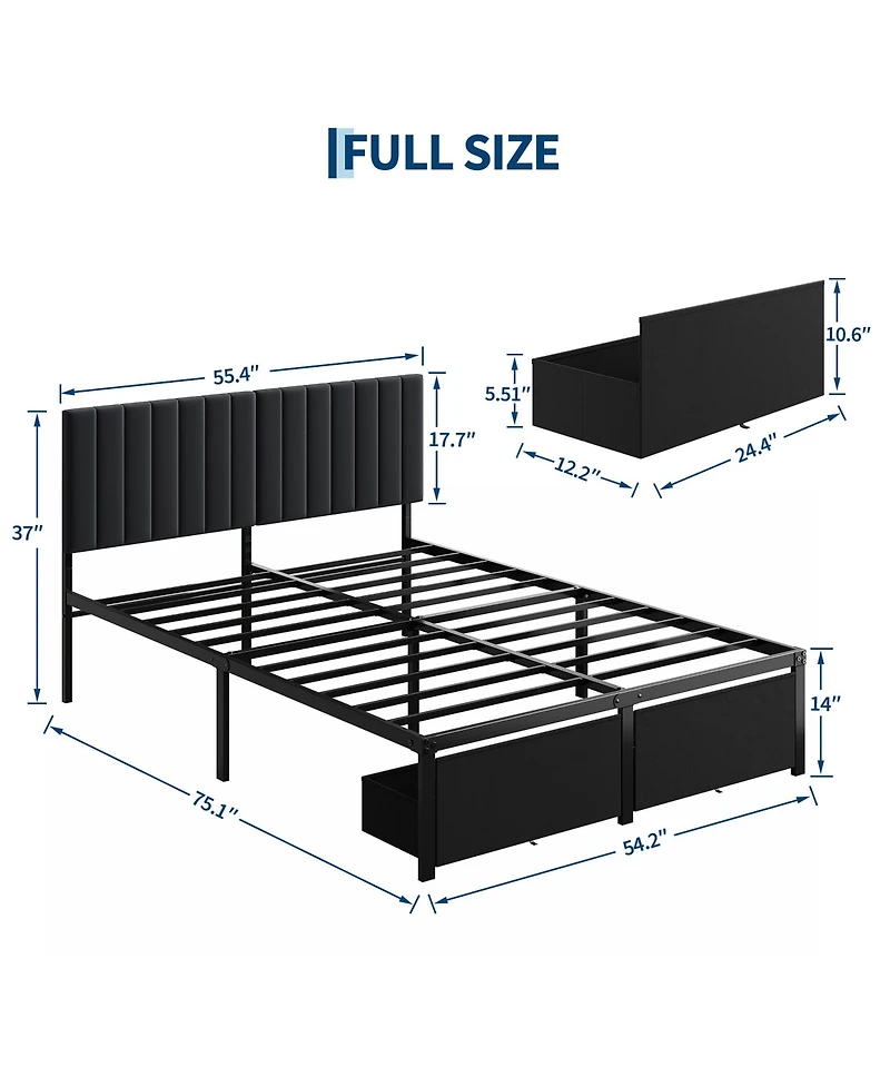 gaomon Modern Bed Frame, Heavy Duty Metal Platform with Upholstered Headboard, Under-bed Storage Drawers