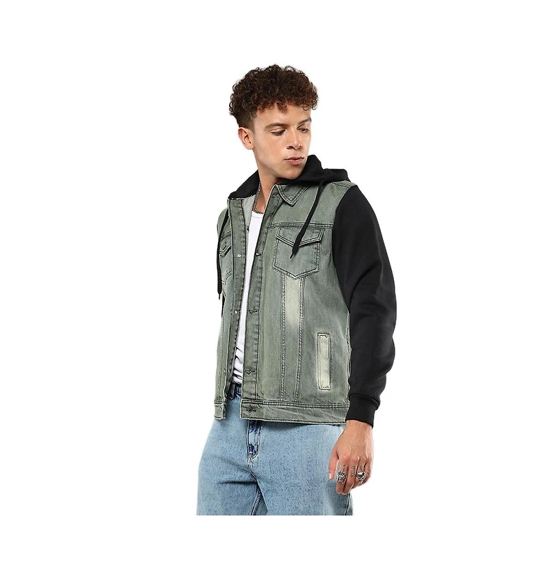 Campus Sutra Men's Light-Wash Hooded Denim Jacket With Sweatshirt-Style Sleeves