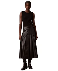 Calvin Klein Women's Pleated Midi High-Waisted Faux Leather Skirt