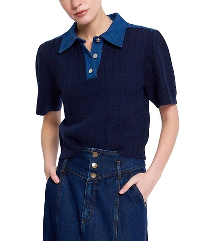 Central Park West Women's Nash Cable-Knit Puff-Sleeve Denim-Collar Polo Shirt