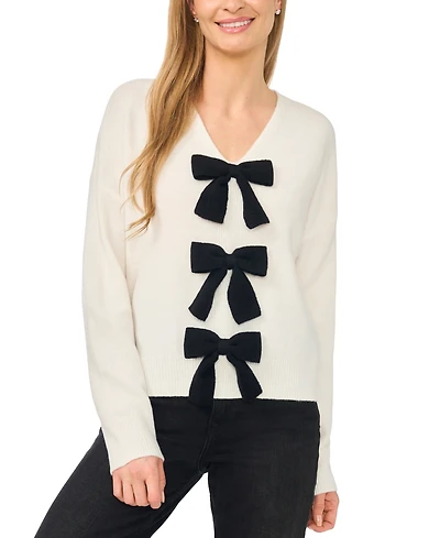 CeCe Women's Contrast Bow Detail V-Neck Long Sleeve Sweater