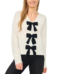 CeCe Women's Contrast Bow Detail V-Neck Long Sleeve Sweater