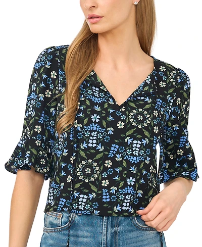 CeCe Women's Floral-Print Split-Tie Neck Ruffle-Cuff 3/4-Sleeve Blouse