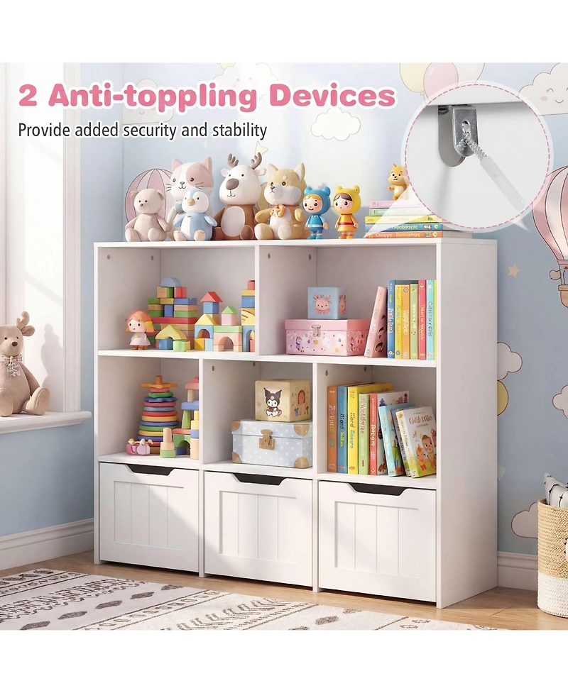 Gymax Toy Storage Organizer with 3 Movable Drawers 5 Open Cubbies and Hidden Wheels