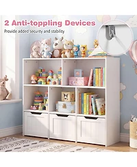 Gymax Toy Storage Organizer with 3 Movable Drawers 5 Open Cubbies and Hidden Wheels
