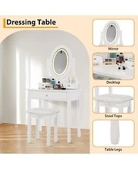gaomon Vanity Table and Chair Set, Princess Kids Dressing Makeup Desk with Rotating Led Mirror, Cushioned Stool, Storage Drawers