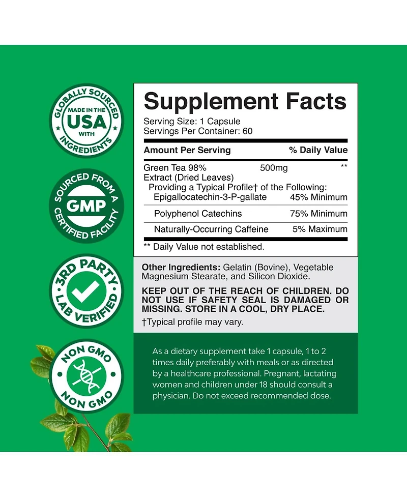 Mav Nutrition Tea Extract Capsules 500 Milligram with Egcg and Naturally Occurring Caffeine, 60 Count