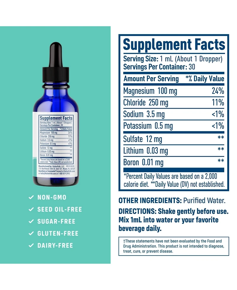NativePath Native Minerals 7 in 1 Ionic Liquid Trace Element Complex with Magnesium Potassium Sodium Chloride 1 Fluid Ounce 30 Servings