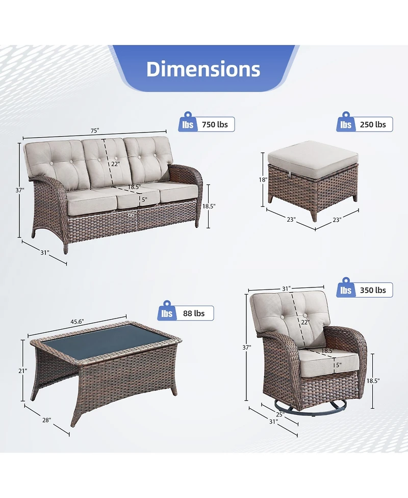 Pocassy High Back Patio Furniture Set with 5-Inch Thick Cushion, 6-Piece Outdoor Conversation Sofa, Swivel Rocker Chairs and Ottomans