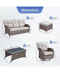 Pocassy High Back Patio Furniture Set with 5-Inch Thick Cushion, 6-Piece Outdoor Conversation Sofa, Swivel Rocker Chairs and Ottomans