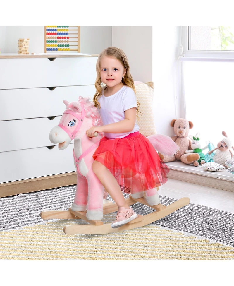 Glintex Kids Ride On Rocking Horse with Realistic Sounds and Swinging Tail, Plush Pony Rocker with Saddle and Footrest for Ages 3 and Up, Pink