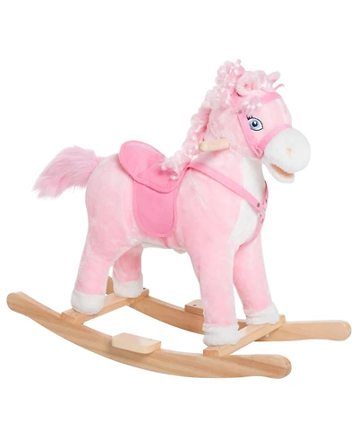 Glintex Kids Ride On Rocking Horse with Realistic Sounds and Swinging Tail, Plush Pony Rocker with Saddle and Footrest for Ages 3 and Up, Pink