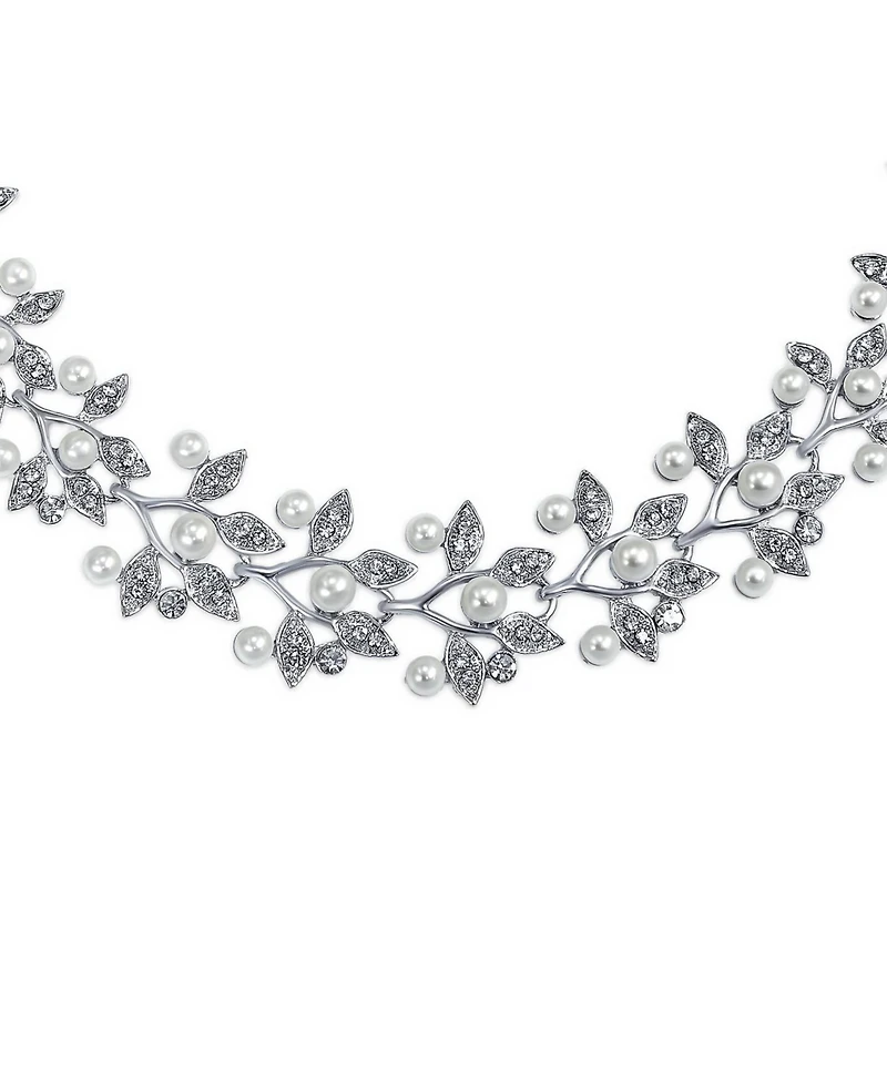 Bling Jewelry Fashion Faux White Pearl Pave Cz Leaf Motif Bib Statement Necklace