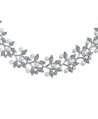 Bling Jewelry Fashion Faux White Pearl Pave Cz Leaf Motif Bib Statement Necklace