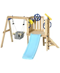 Glintex Wooden Swing Set with Slide, Fort, Captain's Wheel and Telescope, 220 lbs, Ages 1.5-4