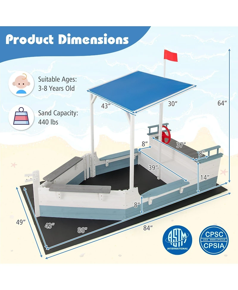 Glintex Pirate Ship Sand Pit With Canopy & Bench Seats, 86"L x 43"W x 64"H Fir Wood, 440 lb Sand, Ages 3-8