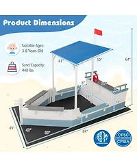 Glintex Pirate Ship Sand Pit With Canopy & Bench Seats, 86"L x 43"W x 64"H Fir Wood, 440 lb Sand, Ages 3-8