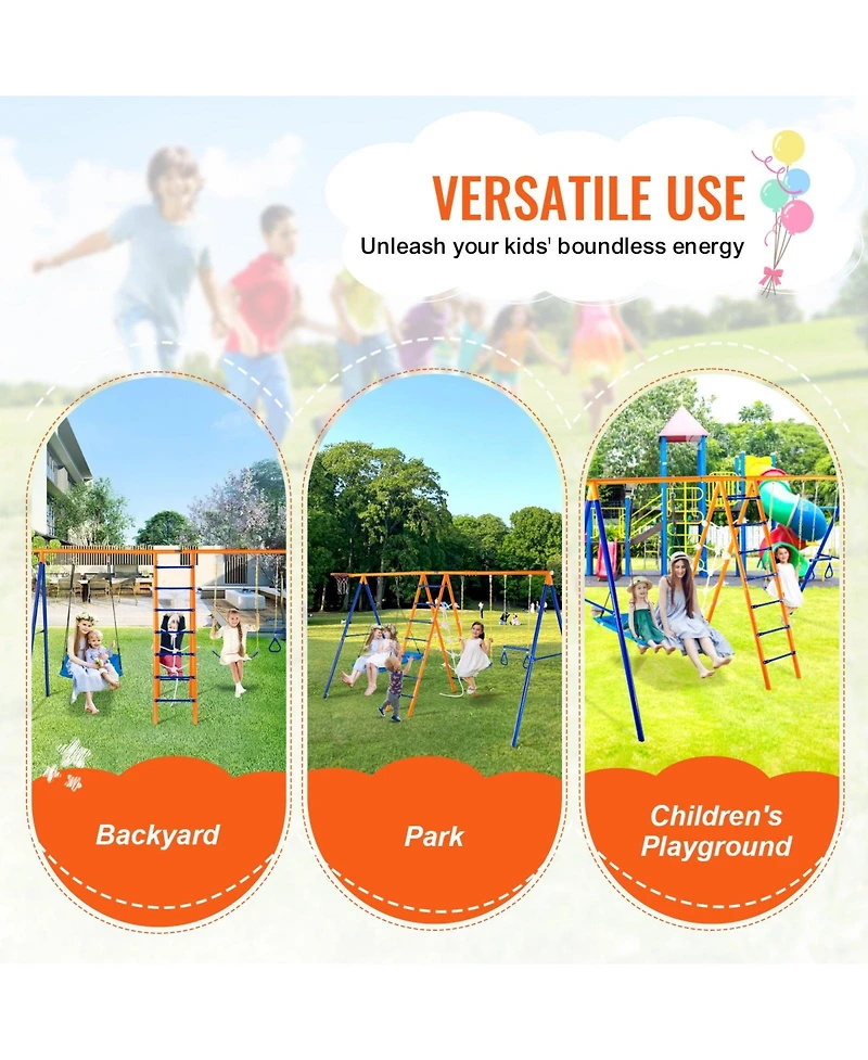 Glintex 6-in-1 Metal A-Frame Swing Set with 2 Swings, Trapeze Bar, Climbing Ladder, Climbing Net & Basketball Hoop, 440 lb Capacity, Ages 3-12