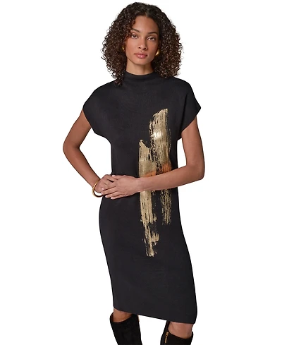 Donna Karan New York Petite Cap Sleeve Metallic-Print Graphic Midi Sweater Dress