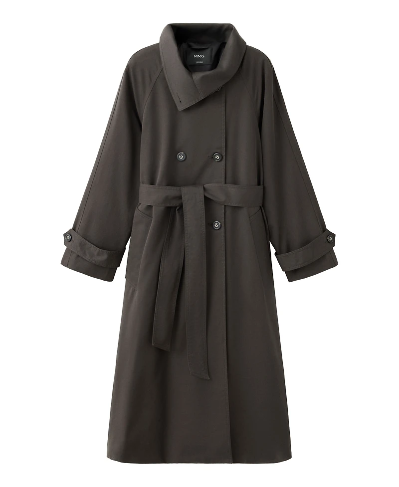 Mango Women's Long Belted Funnel-Neck Trench Coat